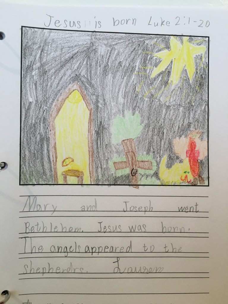 This is Lauren's first devotion page. She started reading about the life of Jesus in her Bible, and this is her synopsis and illustration!